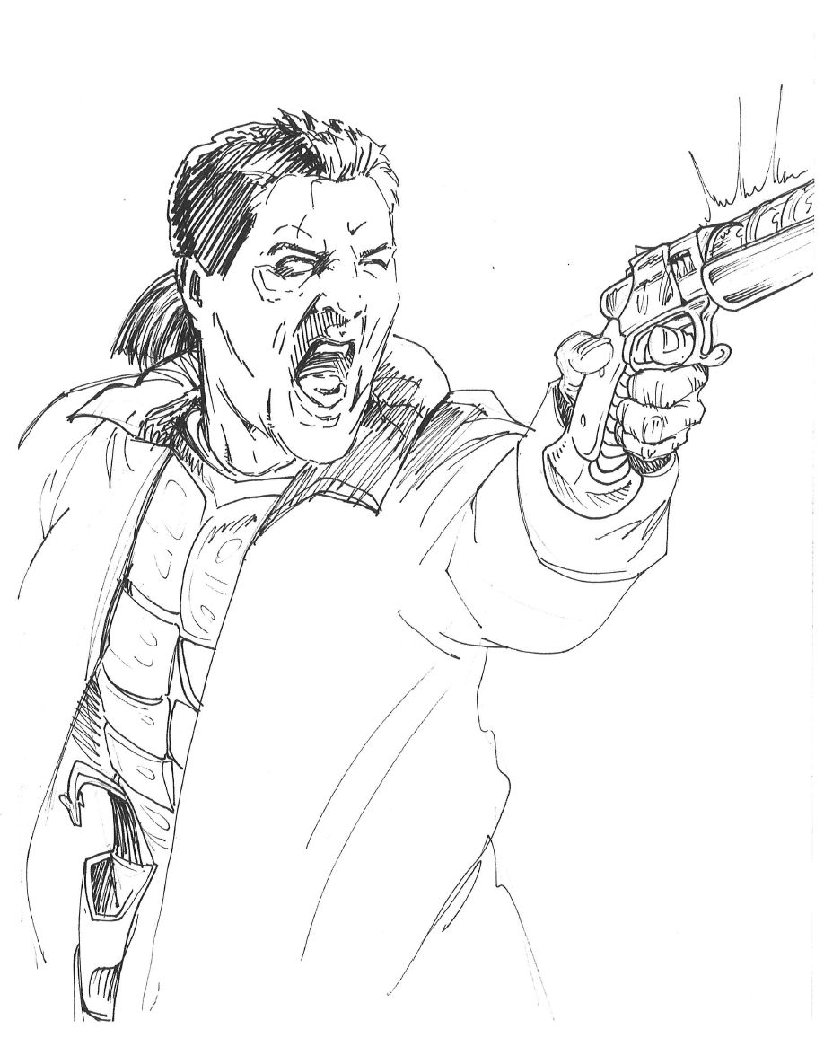 Kal firing his pistol, shouting in rage at his enemy.